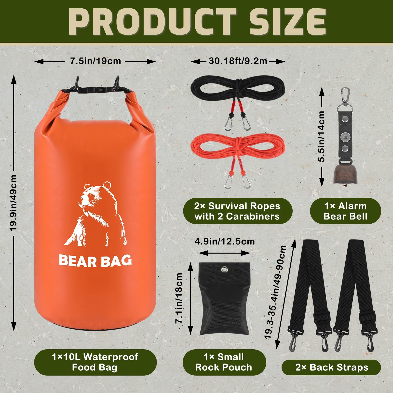 10L Bear Bags for Food Backpacking, Waterproof Bear Bag Hanging Kit, Orange