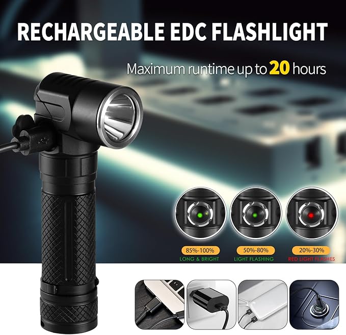 Super Bright 1000 High Lumens Tactical Flashlights,Rechargeable 90 Degree Magnetic LED Flashlight, 6 Modes, IP44 Waterproof for Camping Emergency Repair Outdoor FE10(Black)