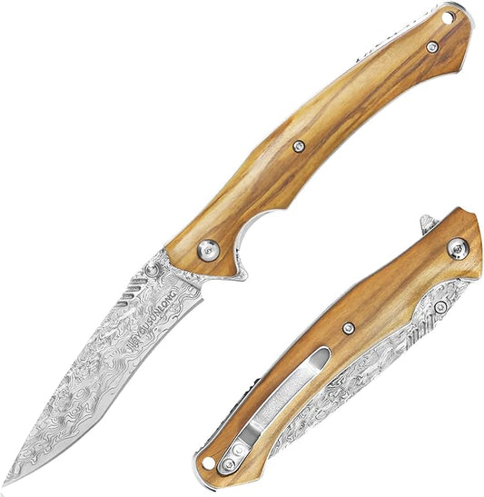 YOUSUNLONG Folding Knives Overall 210mm Pocket Knife - Hammered Damascus Steel Blade - Natural Italian Olive Wood Cover