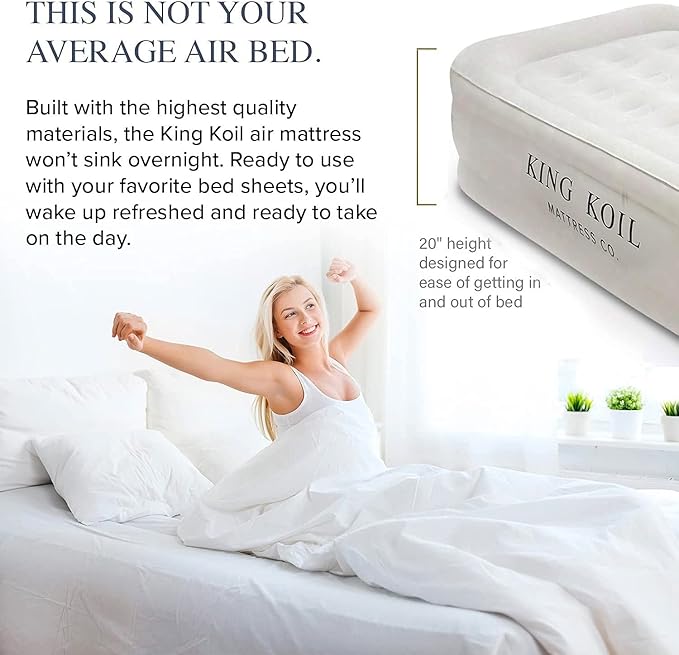 King Koil Plush Pillow Top Twin Air Mattress with Built-in High-Speed Pump for Camping, Home & Guests - 20??Twin Size Airbed Luxury Inflatable Blow Up Mattress, Waterproof, 1-Year Warranty
