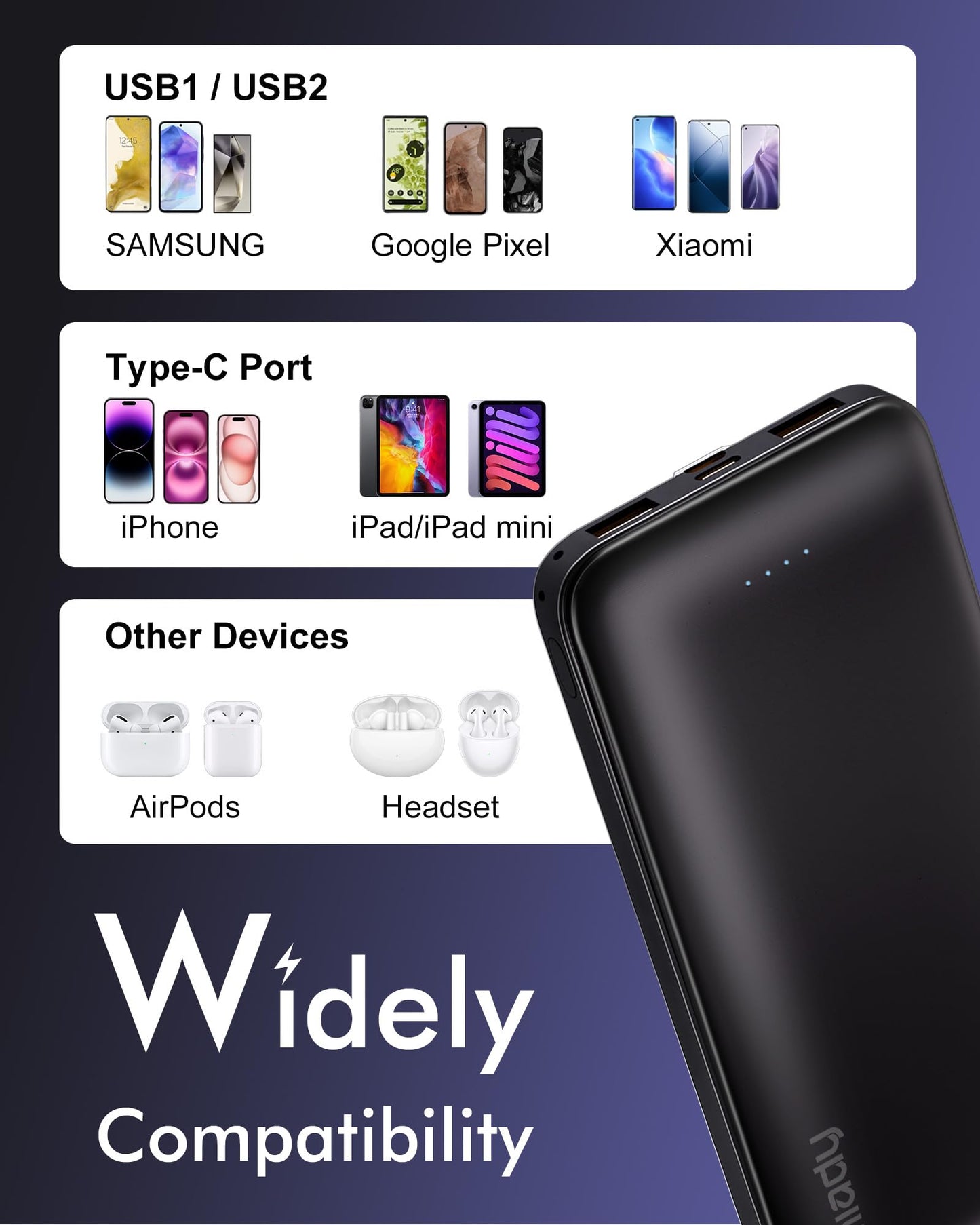 Miady 2-Pack Portable Charger, Slim 10000mAh Power Bank Travel Battery Pack