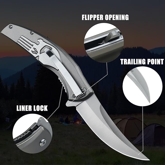 Folding Knife with upswept 440C High Carbon Stainless Steel Blade, Grey Aluminum Handle, with Deep Carry Pocket Clip, Outdoor EDC Knife for Camping, Hiking, Fishing