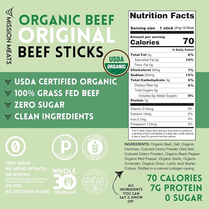Mission Meats 100% Certified Organic Beef Sticks – Pasture-Raised, Zero Sugar, Non-GMO, Healthy Individually Wrapped Meat Sticks Snack, 0.75oz (12ct)