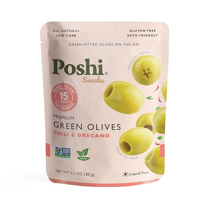 POSHI Green Pitted Olives - Chili & Oregano | Vegan, Kosher, Gluten Free + Keto Friendly, Fresh, All Natural Low Calorie Healthy Snacks | (30 Pack, 1.1oz Bags)