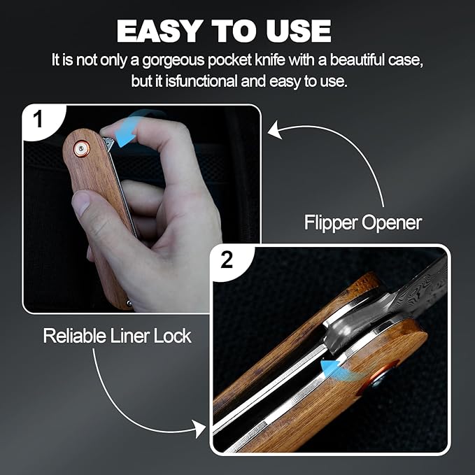 Damascus Pocket Knife, 2.95" Damascus Steel Blade Pocket Knives & Folding Knives, Wooden Handles EDC Knife for Women Men