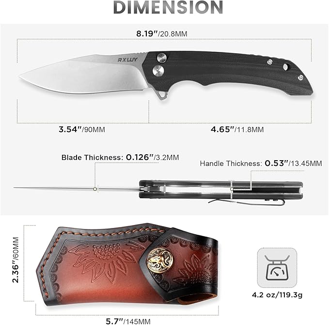 Folding Pocket Knife with Leather Sheath, 3.47" N690Co Premium Steel Blade G10 Handle Knives, EDC Small Folding Knife for Men Women, Outdoor Survival Camping Hiking Knife (Black)