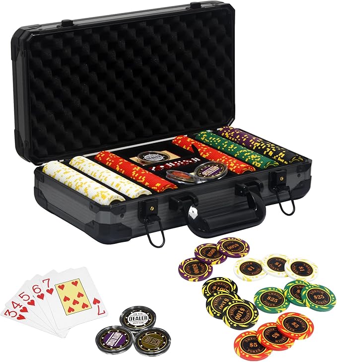 13.5 Gram Clay Poker Chip Set Texas Hold'em Casino Chips 2 Decks of Cards, Aluminum Case Dealer Buttons, for Blackjack Poker Games (300 PCE)
