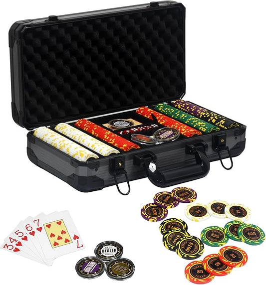13.5 Gram Clay Poker Chip Set Texas Hold'em Casino Chips 2 Decks of Cards, Aluminum Case Dealer Buttons, for Blackjack Poker Games (300 PCE)
