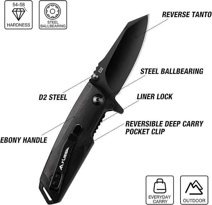 FLISSA Small Pocket Knife, 2-3/4" D2 Steel Blade, EDC Folding Knives, Ebony Wood Handle with Clip, Mini Knife with Liner Lock for Everyday Carry Camping Survival Hiking, Great Gifts for Dad