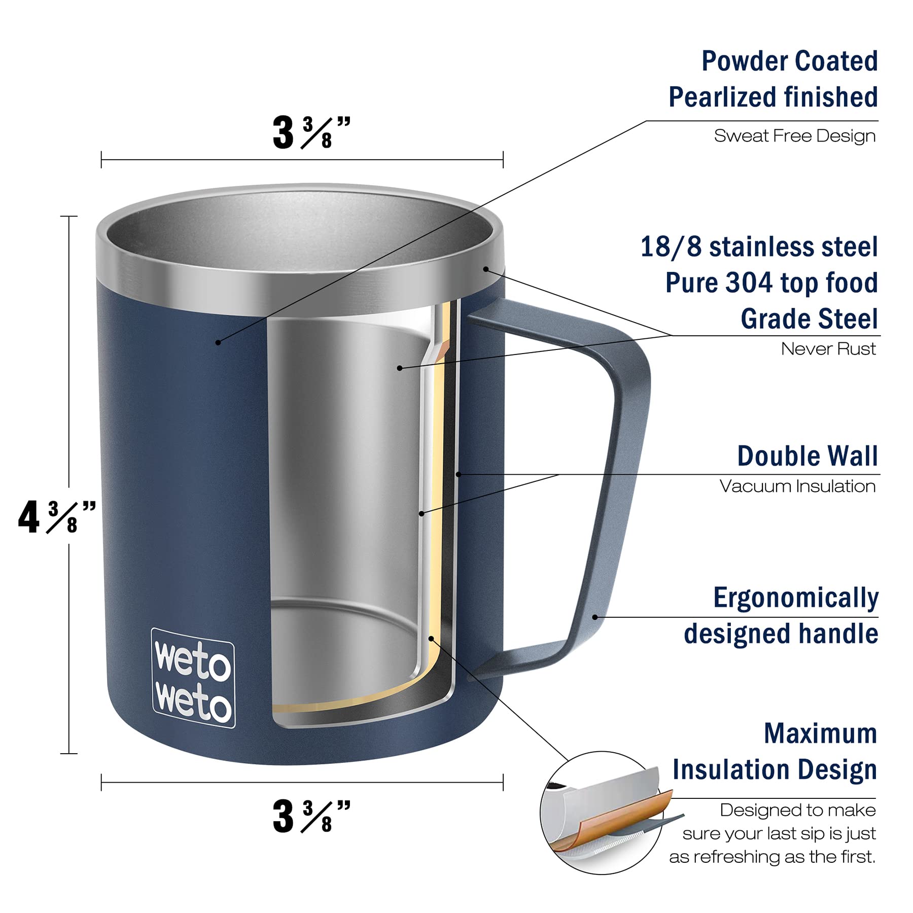 WETOWETO 14 oz Coffee Mug, Vacuum Insulated Camping Mug with Lid, Double Wall Stainless Steel