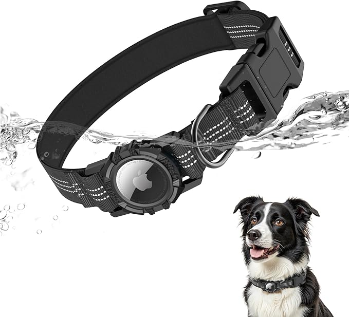 AirTag Dog Collar, IP68 Waterproof Integrated Air Tag Dog Collars with Reflective, Ultra-Durable, Comfortable Padded, Heavy Duty Dog Collars for Small Medium Large Dogs, S (10.6"-13.6"), Black