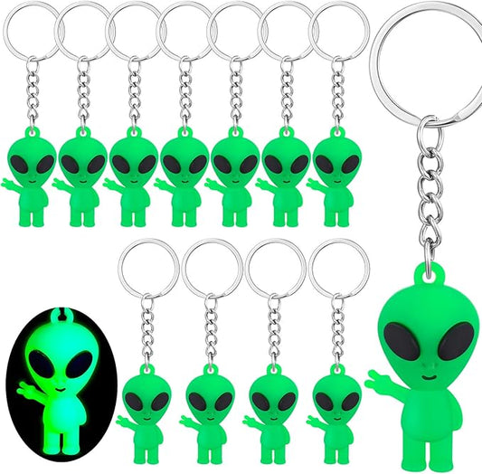 12 Pcs Alien Party Favors Alien Keychains Glow in The Dark Space Keychain Mini Aliens Figures Little Bulk Gift Prizes Goodie Bag Piñata Halloween Stuffers for Music Festival Easter (Green)