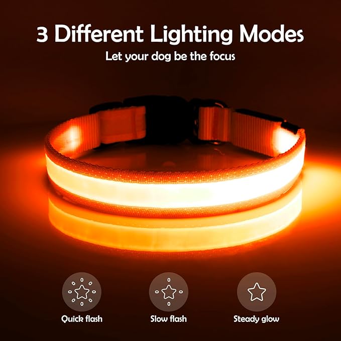 Vizpet LED Dog Collar, Light Up Dog Collar Adjustable USB Rechargeable Super Bright Safety Light Glowing Collars for Dogs(Large,Orange)