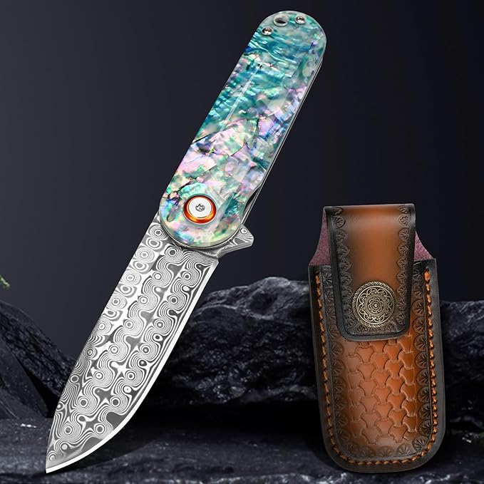 Damascus Pocket Knife with Sheath 2.95" Damascus Steel Blade Folding Knife with Abalone Shell Handle EDC Pocket Knives for Men Women Outdoor Indoor Camping
