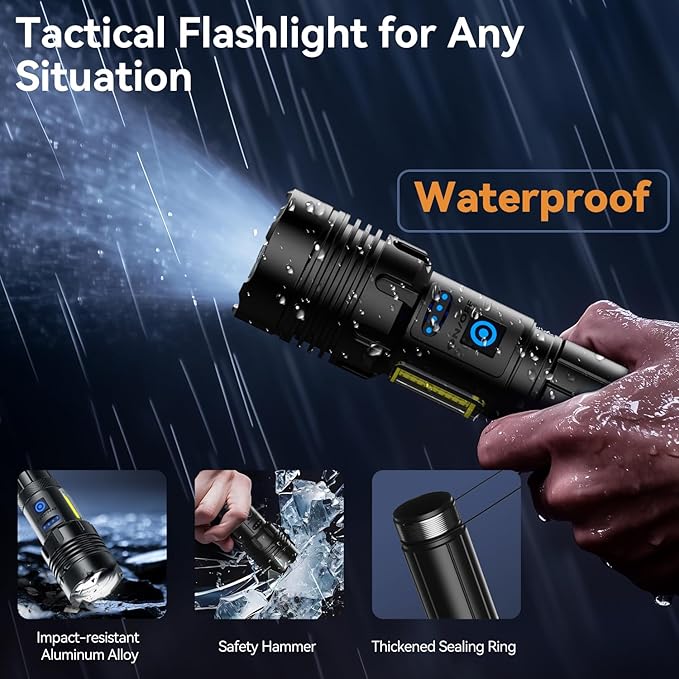 Flashlight Rechargeable 2000 High Lumens IPX6 Waterproof Super Bright Flashlight with 7 Modes & COB Side Light, Zoomable Brightest Flash Light for Camping Home Emergency