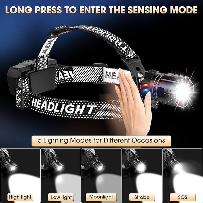 Super Bright Headlamp Rechargeable 2 Pack, High Lumen LED Head Lamp with Motion Sensor, 5 Modes, Zoomable Head Light for Forehead, 90° Adjustable, Waterproof Headlamps for Adults, Hard Hat, Camping