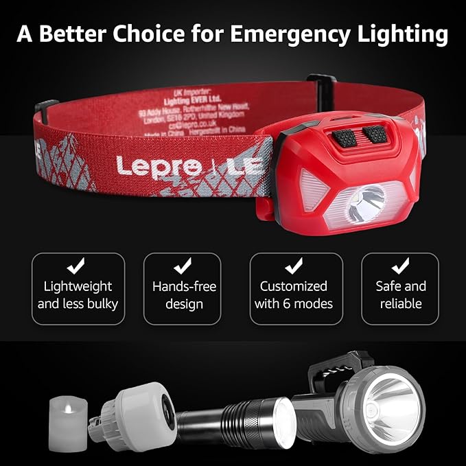 Lepro 320015 Battery Powered Headlamp - 1300Lux Super Bright LED Head Lamp with Red Light, IPX4 Waterproof Headlights for Outdoor Camping, Hiking, Hunting, Power Outages, Emergency, Hurricane - Red