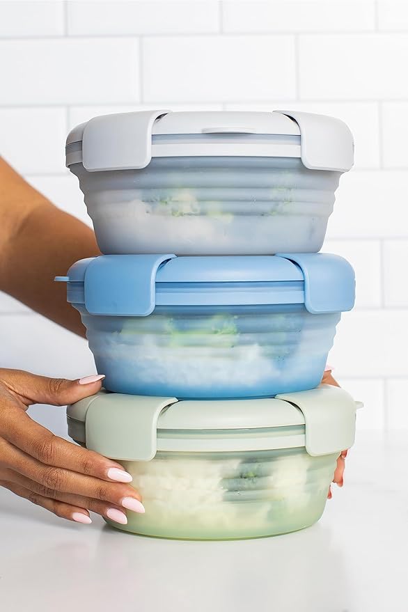 STOJO Collapsible Bowl 3 Set - Translucent Denim, 36oz - Reusable Silicone Bowl for Hot and Cold Food - Perfect for Travel, Meal Prep, To-Go Lunch, Camping & Hiking - Microwave & Dishwasher Safe