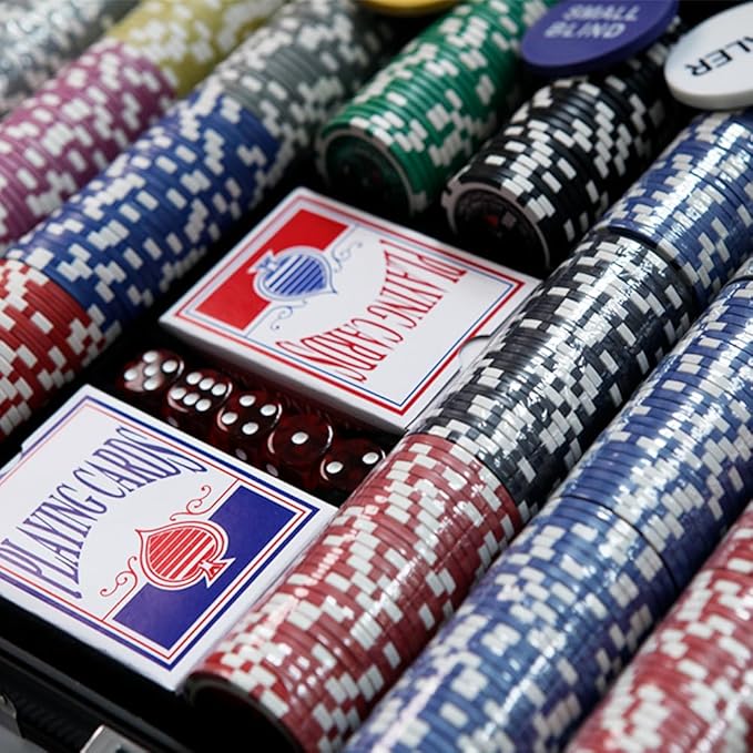 THUNDERBAY 500 Clay Composite Poker Chips Set with Aluminum Case, Two Decks of Playing Cards, Dealer and Blind Button&5 Dices for Poker, Texas Hold'em, Blackjack, Casino Games at Home