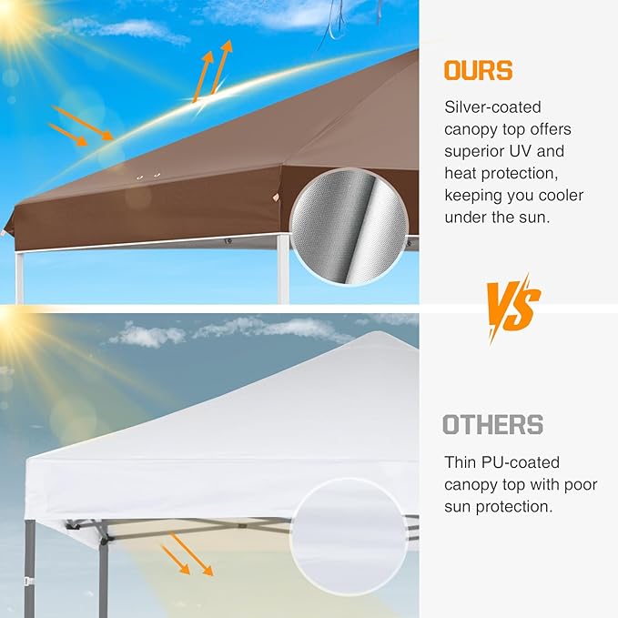 EAGLE PEAK Pop Up Canopy Tent with Wheeled Carry Bag, 8 Stakes, 4 Ropes, 4 Weight Bags, Easy Set Up Tent Canopy, 10x10 ft, 100sqft of Shade, Dark Brown