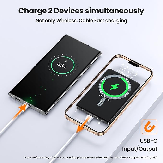 Magnetic Power Bank,Ultra Slim Wireless Portable Charger 5000mAh,20W PD Battery Pack Fast Charging,USB C in&Out Powerbank for iPhone 16/15/14/13/12 Pro Max