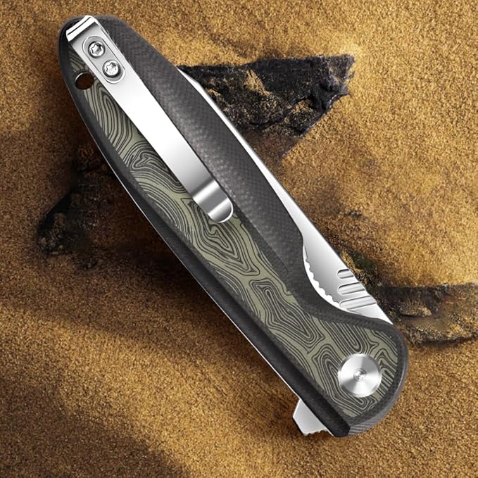 ioko Folding knife D2 blade material, G10 two-color handle, suitable for men and women outdoor camping carrying knife, sharp and durable blade, with pocket clip (argent)
