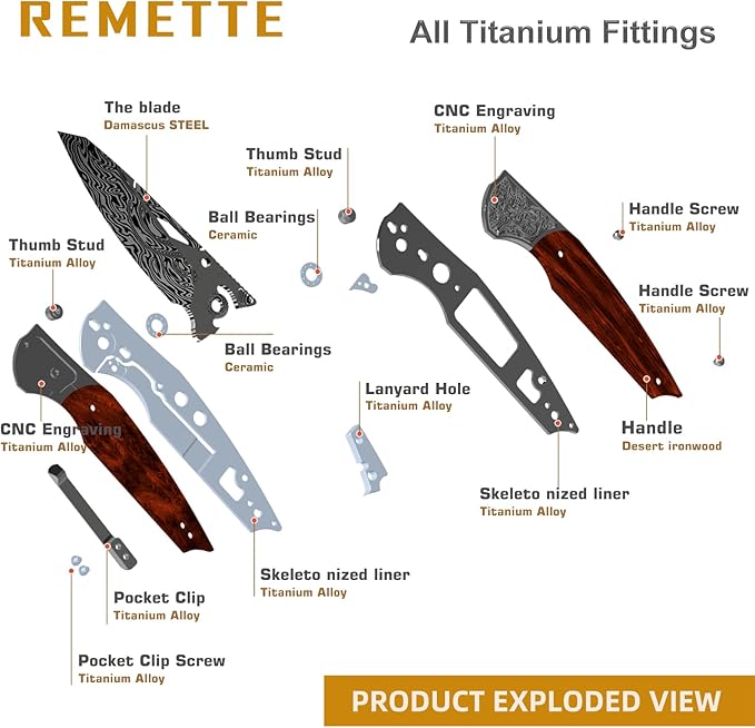 Damascus Pocket Knife, EDC Folding Knife, Titanium Frame Desert Ironwood Handle, Front Flipper and Thumb Stud Open
