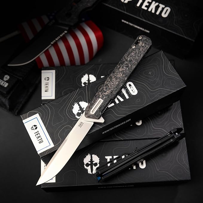 F2 Bravo Folding Knife Pocket - D2 Steel Blade, Ceramic Ball Bearings - EDC - Snap, Swift Flip - Camping, Backpacking - 2.4oz (68g), Forged Carbon Handle, Silver Titanium Accents