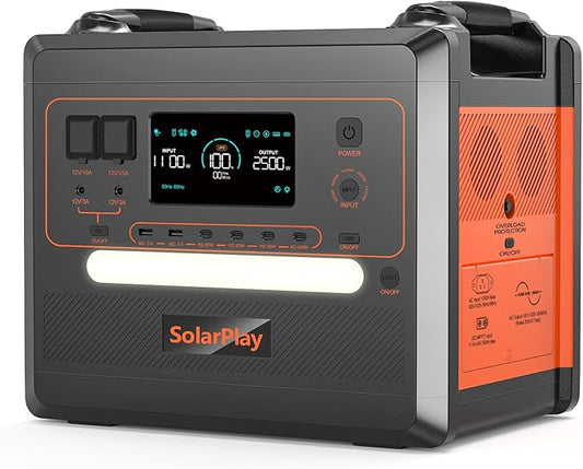 SolarPlay Portable Power Station 2500W(Peak 4800W), 2304Wh Solar Generator 1.5Hrs Fast Charging LiFePO4 Battery,4 AC Outlets Emergency Power Station for Home, Camping, Outdoor Battery Backup