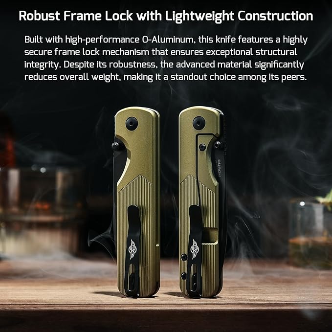OKNIFE Duron Folding Pocket Knife, 3.5" PVD Coated Nitro-V Steel Blade, Frame Lock Lightweight O-Aluminum Ambidextrous Handle with Clip, Ideal EDC Tool for Outdoor, Camping & Survival (Olive Green)
