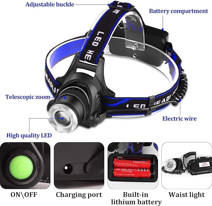 Foleto Rechargeable LED Headlamp, 600 Lumen Bright Head Lamp with 3 Modes, IPX4 Waterproof, 90° Adjustable, Zoomable Headlight for Outdoor Camping, Running, Hiking (Blue)