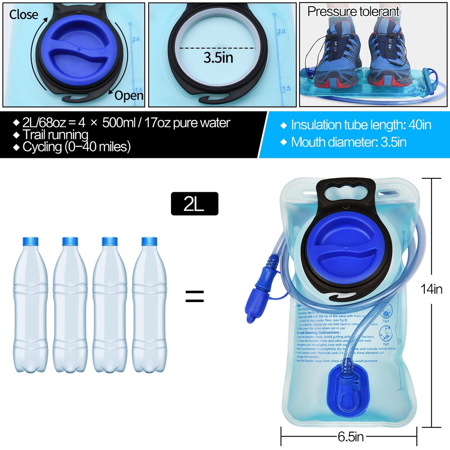 Mdvora 1.5L/2L/2.5L/3L Hydration Bladder, Large Opening Water Storage Bladder Bag, for Cycling