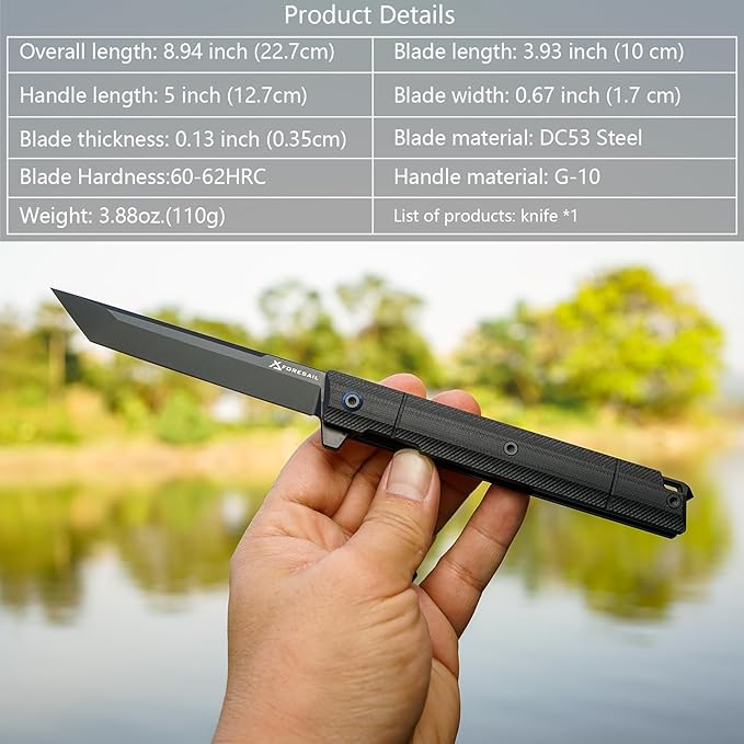Flipper Pocket Folding Knife,DC53 Steel Blade and G10 Handle. With pocket clip and glass breaker,men's pocket knife hiking trip EDC tool Knife (Black PVD Blade)