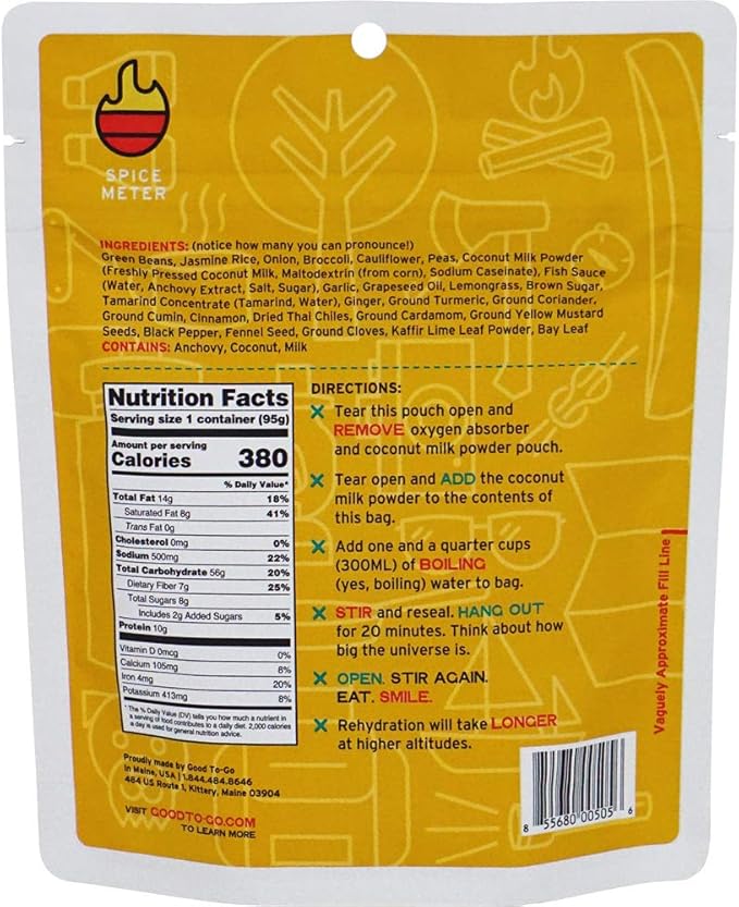 GOOD TO-GO Thai Curry | Camping & Backpacking Food | Just Add Water Backpacking Meals | Good To-Go Dehydrated Meals Taste Better Than Freeze Dried Food