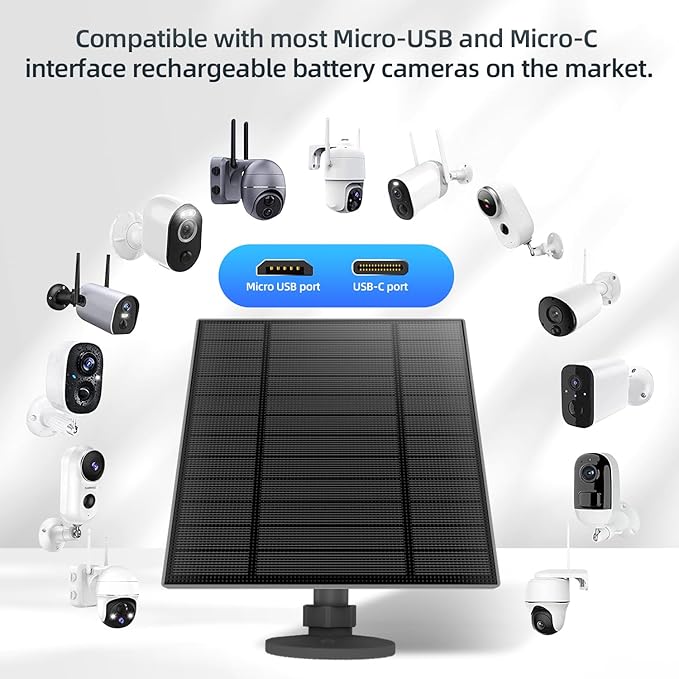 5W Solar Panel for Security Camera, Solar Panel with Micro USB & USB-C Port for DC 5V Outdoor Rechargeable Battery Camera, IP65 Waterproof, 360° Adjustable Security Mount, 9.8ft Cable(Black)