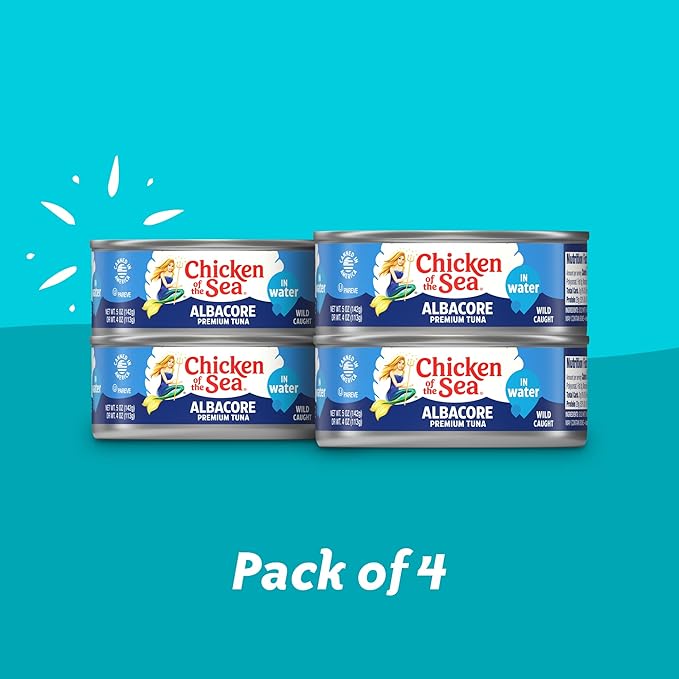Chicken of the Sea Solid White Premium Albacore Tuna in Water, 5 oz. Cans (Pack of 4), Wild Caught Tuna