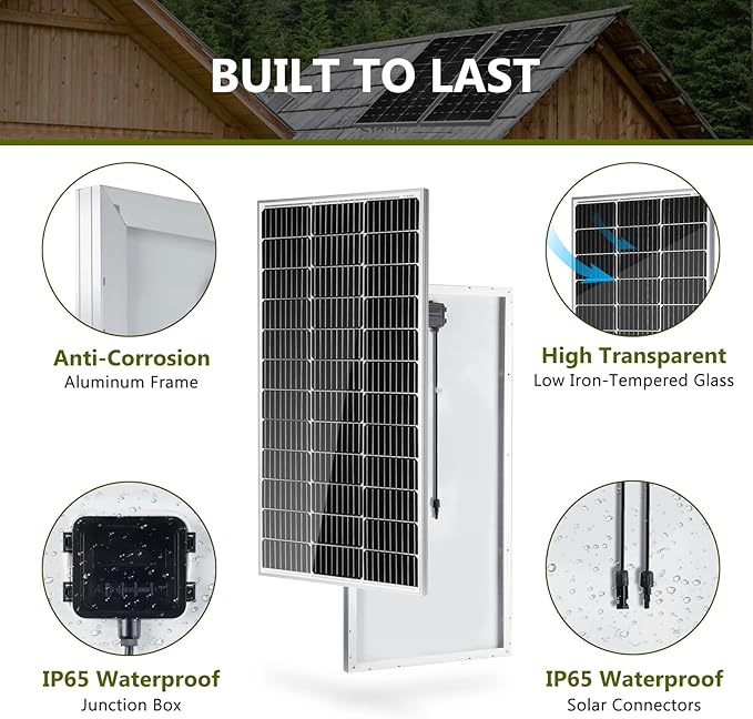 HQST 2pcs 100W 12V Monocrystalline Solar Panel, Up to 25% High Efficiency Module, Waterproof for RVs, Motorhomes, Cabins, Marine, Boat and Any Other Off Grid Applications-Upgrade Version