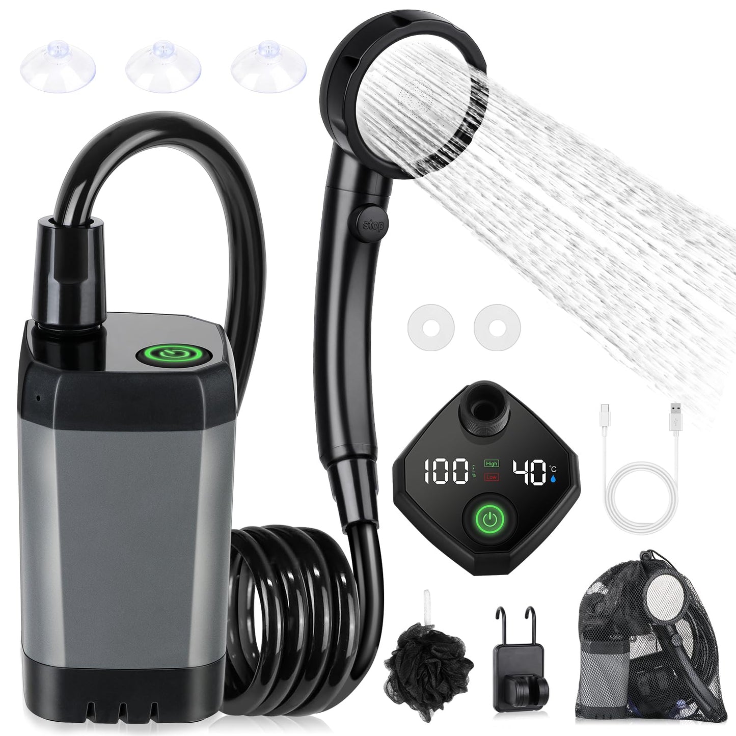 Spopal Portable Shower for Camping, [Long-Lasting] 6000mAh Rechargeable(GY)
