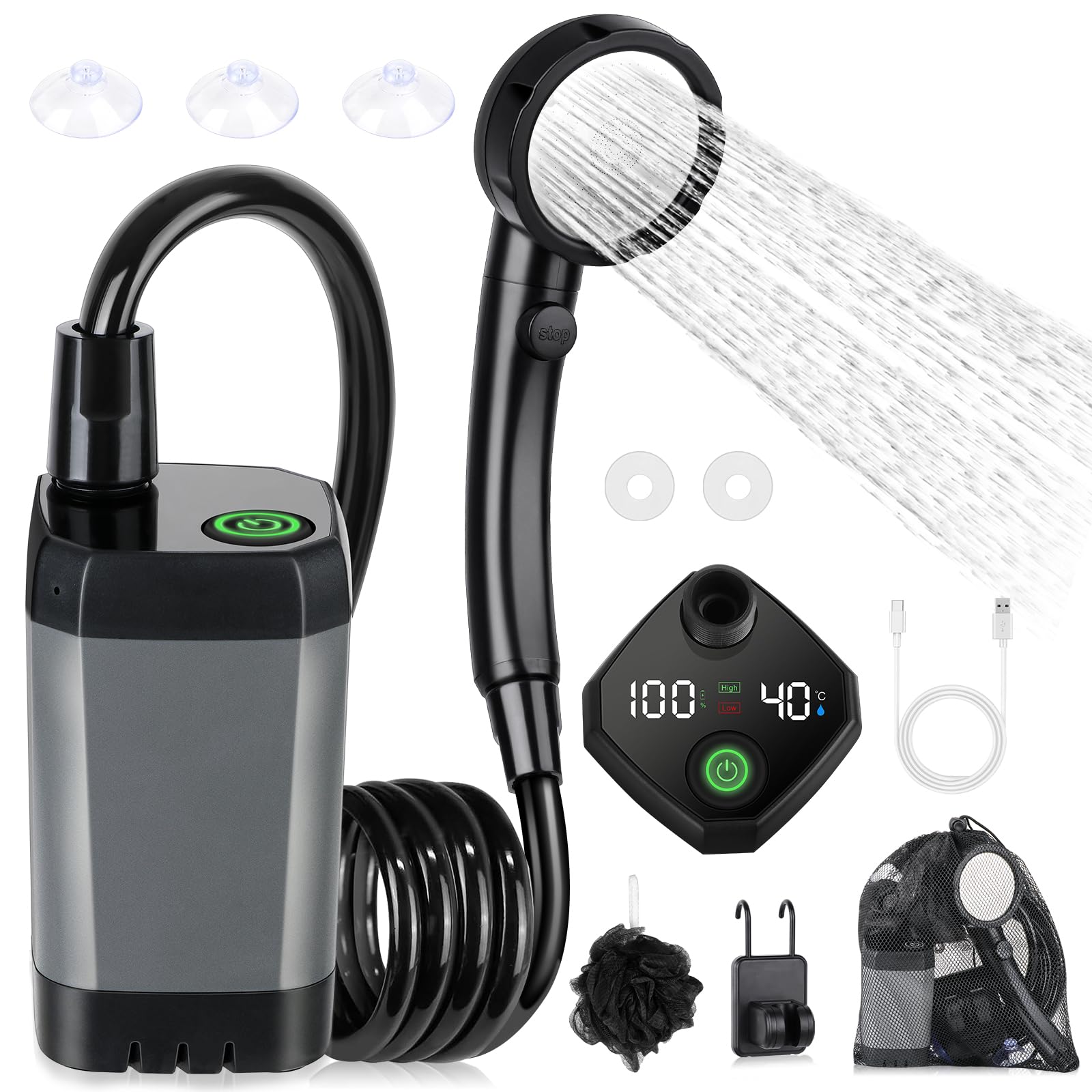 Spopal Portable Shower for Camping, [Long-Lasting] 6000mAh Rechargeable(GY)