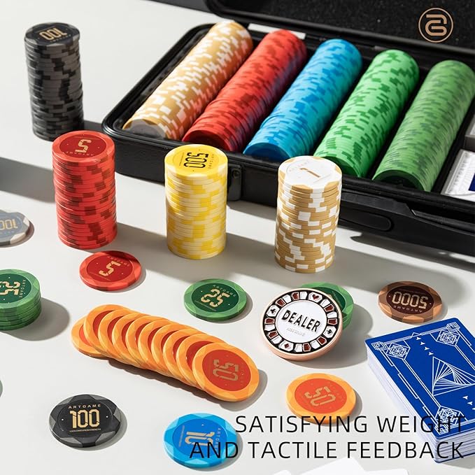 ARTGAME 14g Clay Poker Chips Set for Texas Hold’em, 300 PCS [with Numbered Values] with Chip Case, Bright Colored Chips are Easy to Distinguish Ideal Gifts for Poker Players