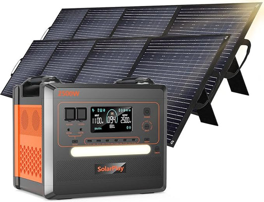 SolarPlay Portable Power Station 2500W(Peak5000W), 2304Wh Solar Generator with 2x200W Solar Panel 1.5Hrs Fast Charging BMS 4 AC Outlets Emergency Power for Home Backup, Camping, Outdoor Battery Backup