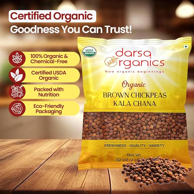 Darsa Organics Kala Chana 2 lb | Brown Chickpeas, Black Gram Lentils | USDA Organic, Non-GMO | Rich in Protein & Fiber | Great for Salads, Curries & Stews
