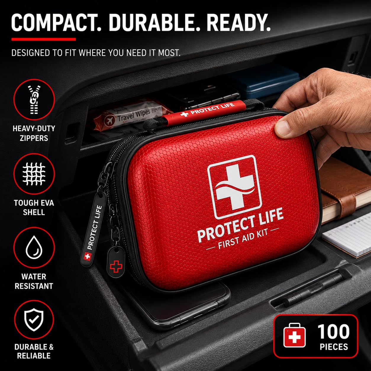 Protect Life Travel First Aid Kit for Car - Small Mini Emergency Kit, 100 Piece Waterproof First
