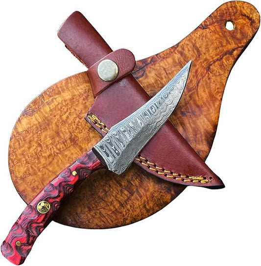 Titan International Knives Damascus Steel Hunting Knife | Fixed Blade, High Carbon Steel, Red Diamond Wood, Leather | Perfect for Hunting and Outdoor Activities