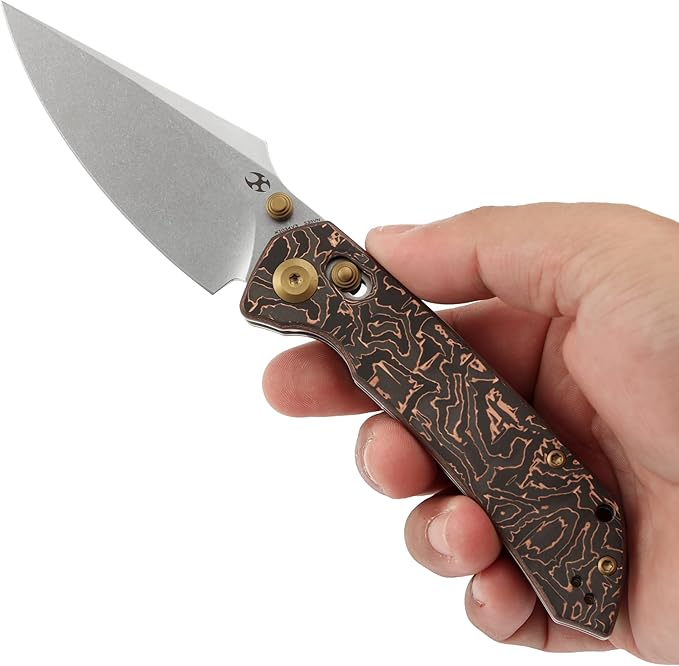 KANSEPT Fenrir Pocket Knife,3.48'' Stonewashed CPM S35VN Harpoon Sharp Blade,Copper Carbon Fiber Handle with Crossbar Lock,Thumb Stud Pocket Clip for Edc,Camping Survival Hiking Folding Knives K1034V3