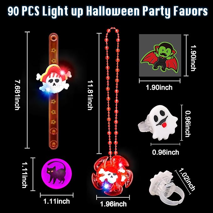90 PCS Halloween Party Favors for Kids, Glow in The Dark Party Supplies LED Halloween Toys Bulk Light Up Necklace Bracelet Ring Halloween Treats Goodie Bag Fillers Classroom Prizes Trick or Treat Gift