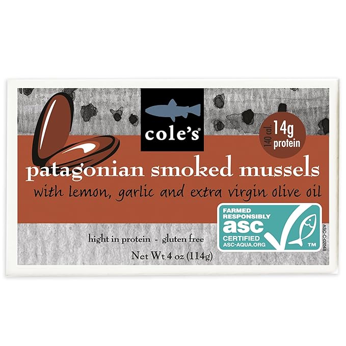 Cole?™s Patagonian Smoked Mussels Canned with Lemon & Garlic in Extra Virgin Olive Oil | 4oz Hand-Packed Tinned Mussels | 14g Protein | Single Unit