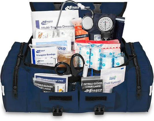 MFASCO First Aid Kit - Fully Stocked Portable Reflective Bag -First Responder Emergency Response Kit-for Natural Disaster Preparedness-Customizable Storage-Includes 415 Pcs First Aid Supplies- Blue
