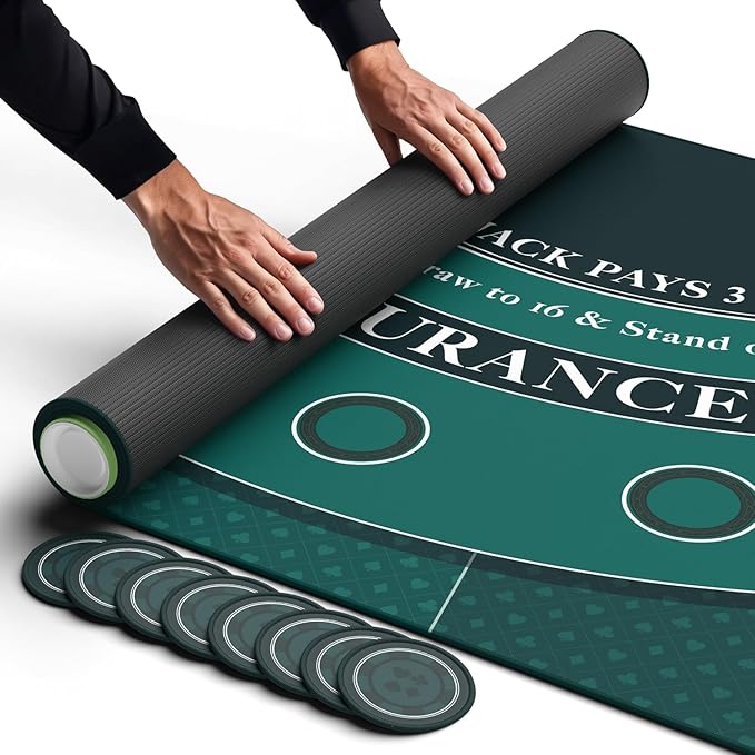 Newverest Blackjack Mat 70" x 35", Blackjack Table Top for Home Game Nights with Friends | Black Jack Casino Table Topper, Poker Mat Layout in Zipper Storage Bag with 8 Coasters in Gift-Ready Box