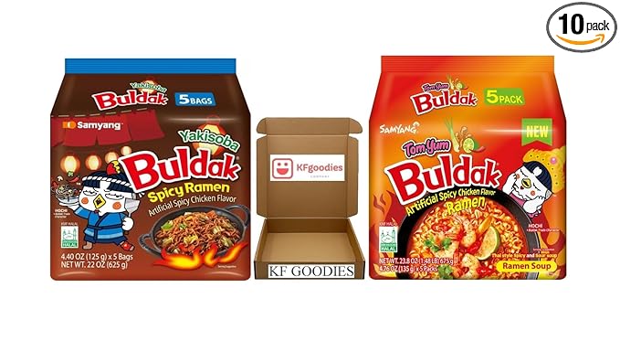 KF GOODIES Korean Ramen Variety Pack Gift Box (10 Count) – Spicy Buldak Noodle Assortment for Birthdays, College Care Packages, Office Snacks, and Gift Baskets